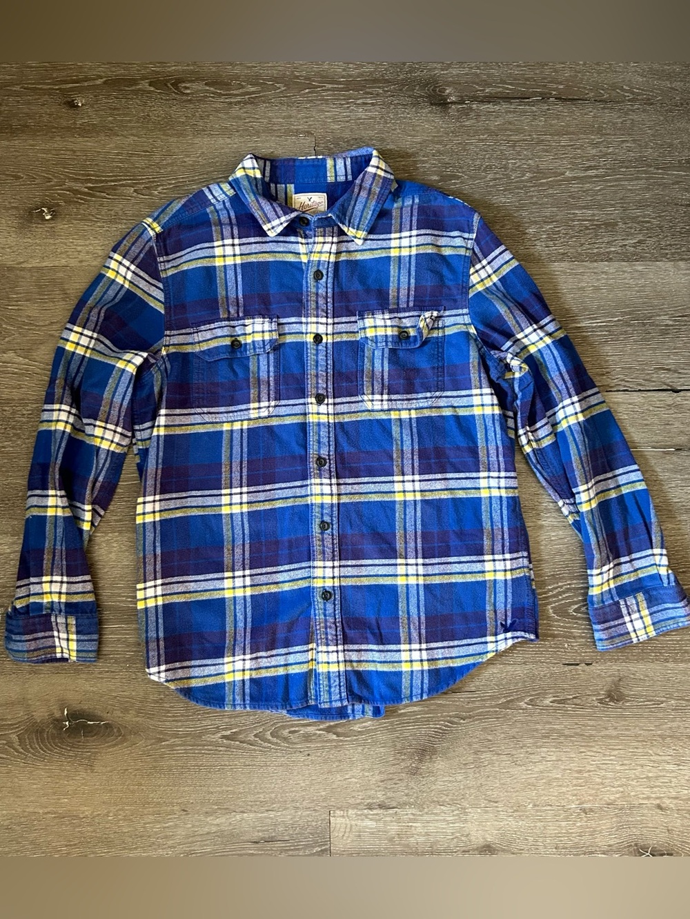 Men’s Large American Eagle Blue Yellow Heritage Flannel Long Sleeve Button Down